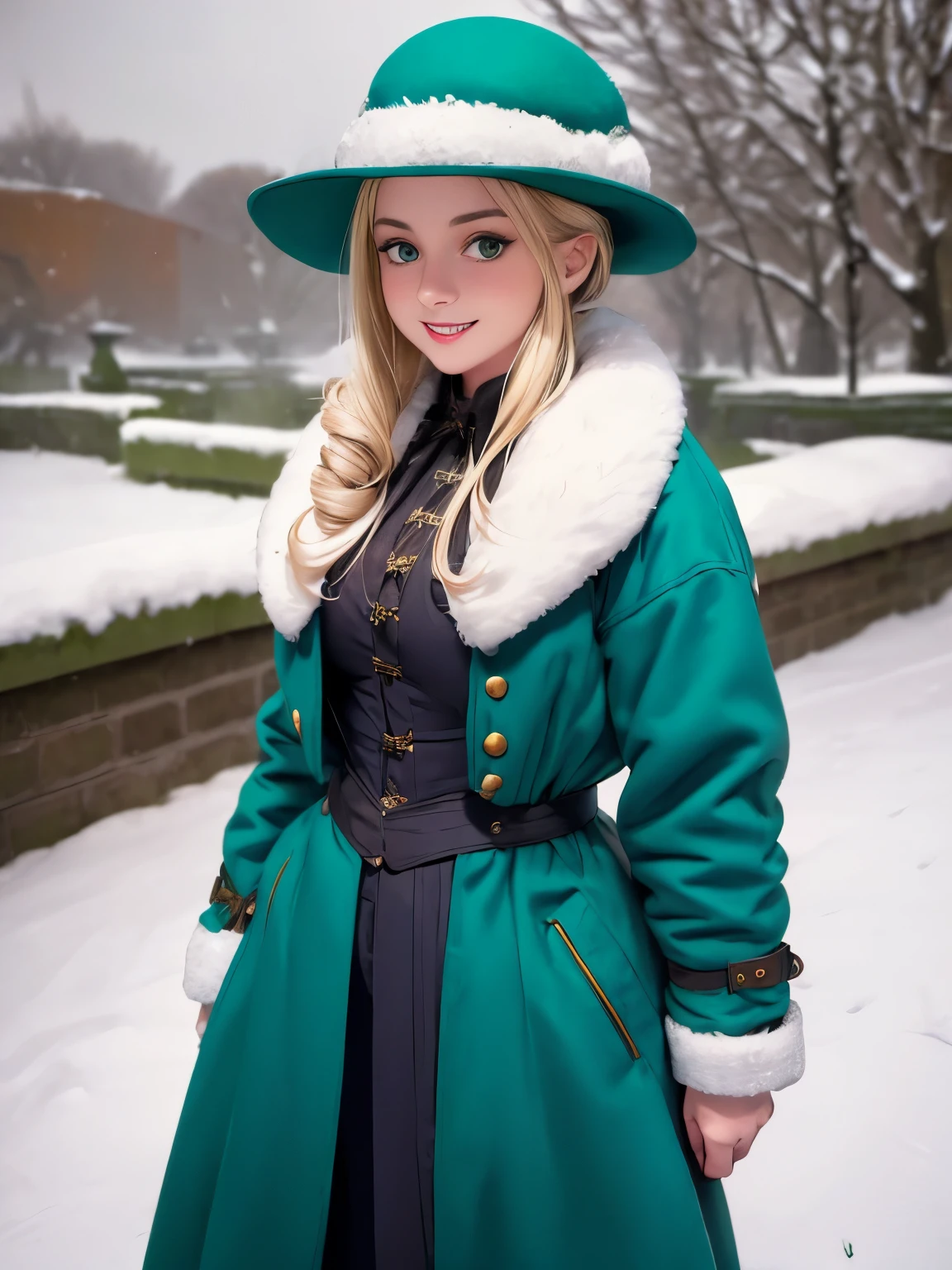 woman in green coat and hat standing in snow covered area, standing in the snow, in the snow, dressed like in the 1940s, stylish coat for a rave, victorian style costume, in snow, ww2 era, victorian inspired clothing, full body:: snow outside::, with teal clothes, copper and deep teal mood, gothic coat