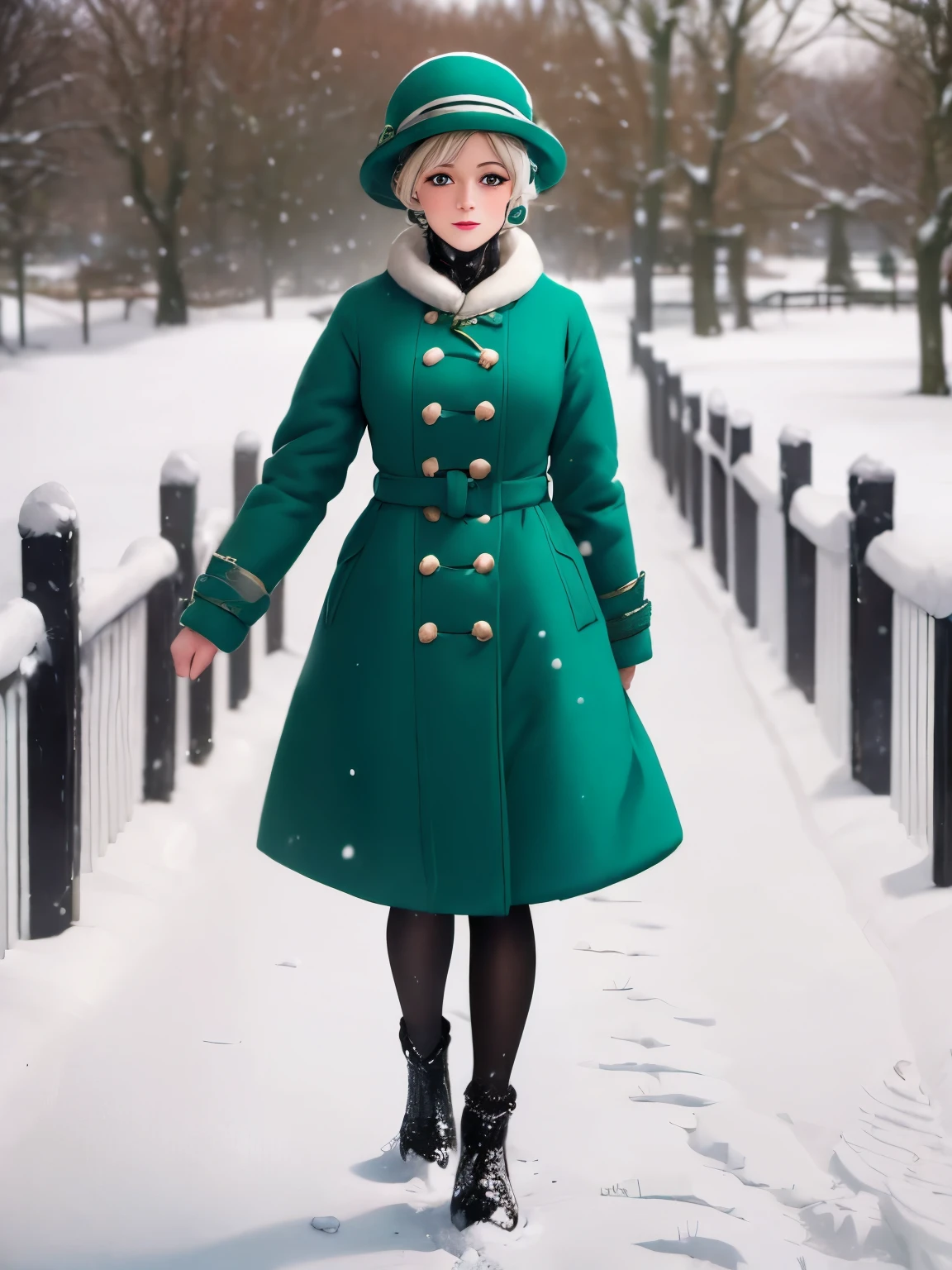 woman in green coat and hat standing in snow covered area, a portrait by Mab Graves, tumblr, art nouveau, standing in the snow, in the snow, dressed like in the 1940s, stylish coat for a rave, in snow, victorian style costume, ww2 era, victorian inspired clothing, full body:: snow outside::, with teal clothes