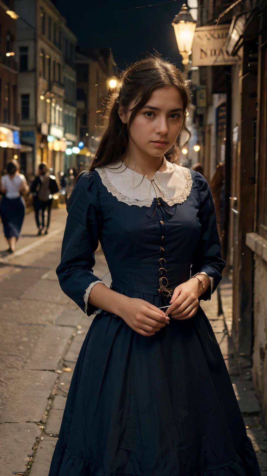 Maria, a young seamstress with determination in her eyes, sewing fabric while surrounded by the bustling streets of 19th century Assumption. Su vestido desgastado adornado con encajes intrincados habla de resistencia y esperanza por un futuro mejor.