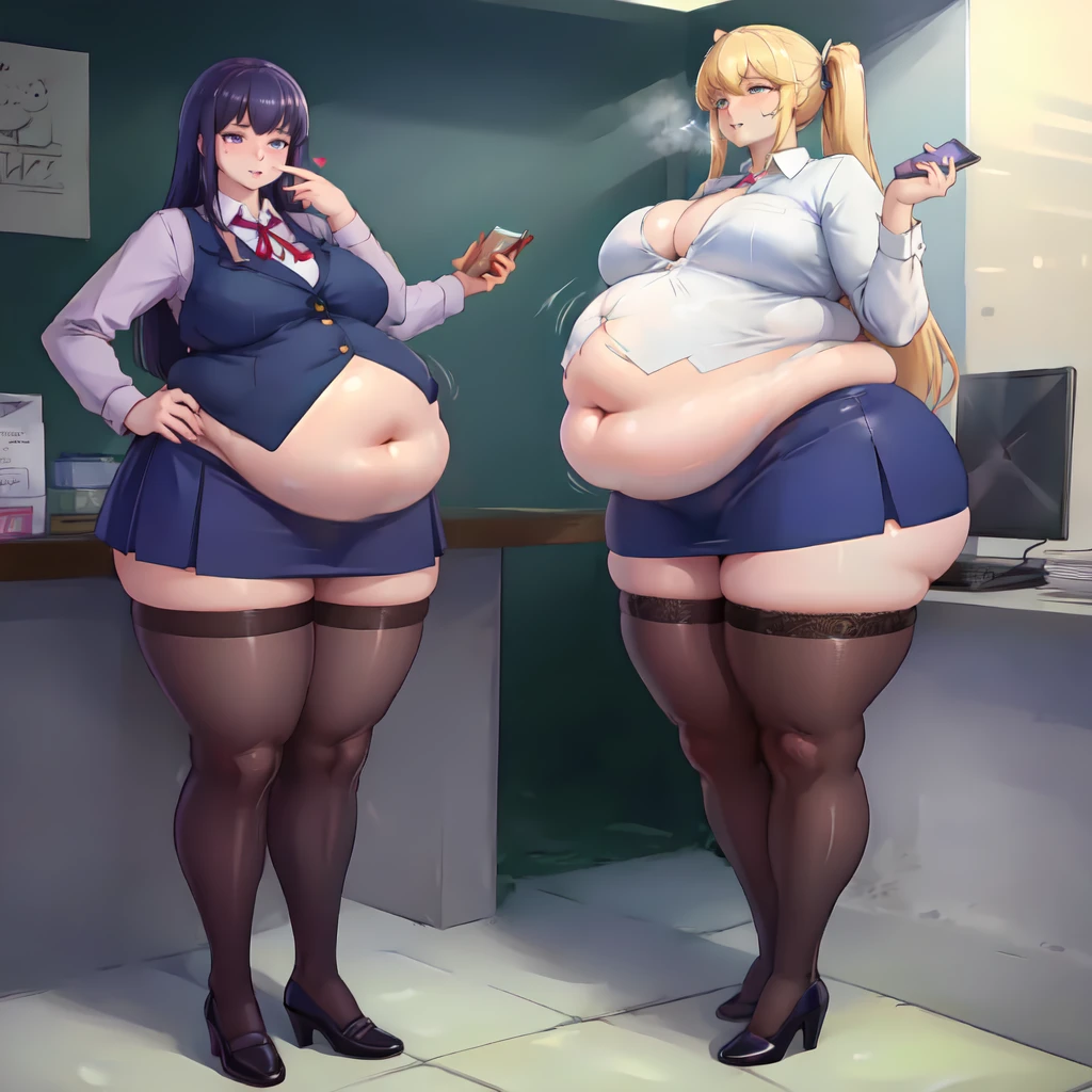 High quality, best quality, wallpaper, full body photo of a beautiful sexy motherly secretary wearing skimpy extremely short skirt and seamed stockings, standing exactly, ((solo)), adult, in the office, high heels, craves sex, horny, steamy, massive bloated stuffed bulging heavy obese belly, tight clothes, long hair, overflowing from clothes, panties visible under skirt, she’s binge eating, extreme weight gain, revealing skirt, massive fat breasts, wide fat hips, deep navel, strained shirt buttons, cameltoe, massive fat round wide heart shaped bubble butt, she’s fallen in love with you, beautiful face, stunning eyes, luscious long hair, heart warming smile, high clarity, clear face, her coworkers are making her fatter, popped shirt buttons, ripped skirt, too fat for her clothes, skin tight clothes, clothes two sizes too small, complete wardrobe failure,
