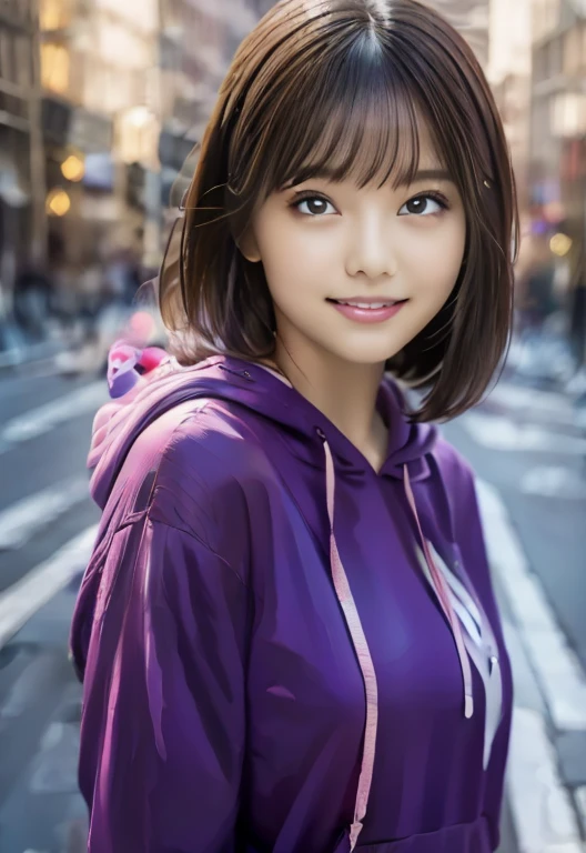 (masterpiece, highest quality:1.1), (8k, RAW Photos, Photorealistic:1.2, f22), (Shiny skin), Fine skin, Detailed face, Beautiful Eyes, Medium Bob, break, Real World, Intricate details, smile, break, 1 girl, (Purple hoodie), break, (city:1.4), break naked