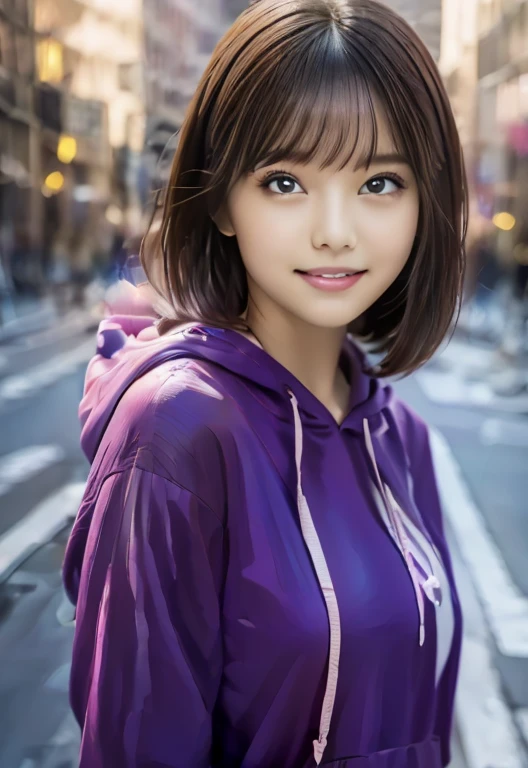 (masterpiece, highest quality:1.1), (8k, RAW Photos, Photorealistic:1.2, f22), (Shiny skin), Fine skin, Detailed face, Beautiful Eyes, Medium Bob, break, Real World, Intricate details, smile, break, 1 girl, (Purple hoodie), break, (city:1.4), break naked