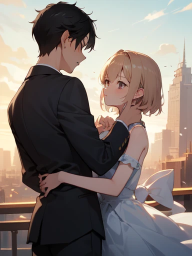 (absurdres), (perfect anatomy), (ingenious angle), (variations of poses), beautiful composition, RAW photo, extremely delicate and beautiful, aesthetic,2 people, 2 shots, boy, looking away, 14 years old, friends, standing, cowboy shot, landscape, warm atmosphere, 2 people, perfect composition, trending pixiv fanbox, clear eyes, anime hand drawn illustration,