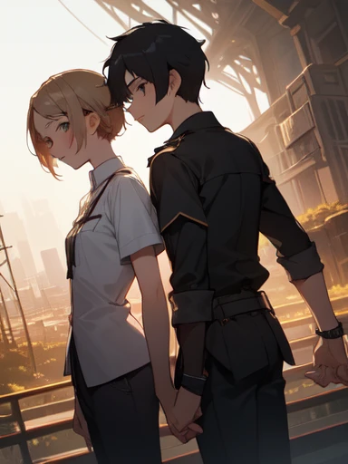 (absurdres), (perfect anatomy), (ingenious angle), (variations of poses), beautiful composition, RAW photo, extremely delicate and beautiful, aesthetic,2 people, 2 shots, boy, looking away, 14 years old, friends, standing, cowboy shot, landscape, warm atmosphere, 2 people, perfect composition, trending pixiv fanbox, clear eyes, anime hand drawn illustration,