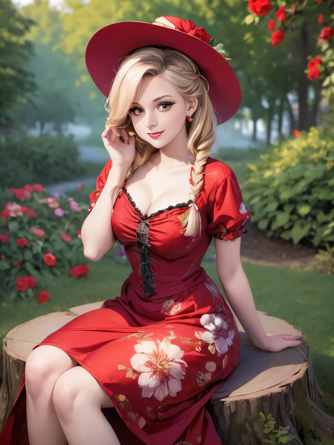 woman sitting on a tree stump wearing a dress and hat, a portrait by Zofia Stryjenska, tumblr, renaissance, pinup style, rockabilly style, romantic dress, dressed in a flower dress, red rose in hair, red floral dress, red dress and hat, rockabilly, floral couture, black and red dress, dressed like in the 1940s