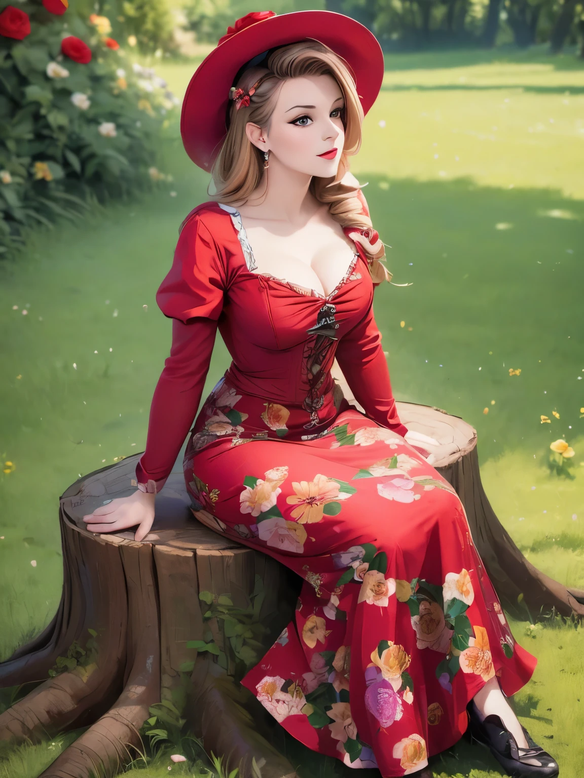 woman sitting on a tree stump wearing a dress and hat, a portrait by Zofia Stryjenska, tumblr, renaissance, pinup style, rockabilly style, romantic dress, dressed in a flower dress, red rose in hair, red floral dress, red dress and hat, rockabilly, floral couture, black and red dress, dressed like in the 1940s