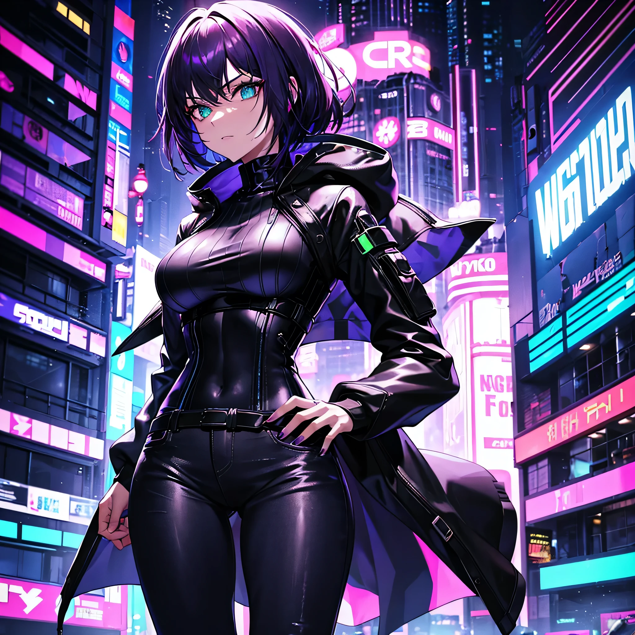 Futuristic, cyberpunk, neon lights, Mature redhead woman with green eyes, sexy, tight black sweater, white jacket, tight jeans, high quality, masterpiece, Another woman, short purple hair, gray eyes, tan skin, tight clothing