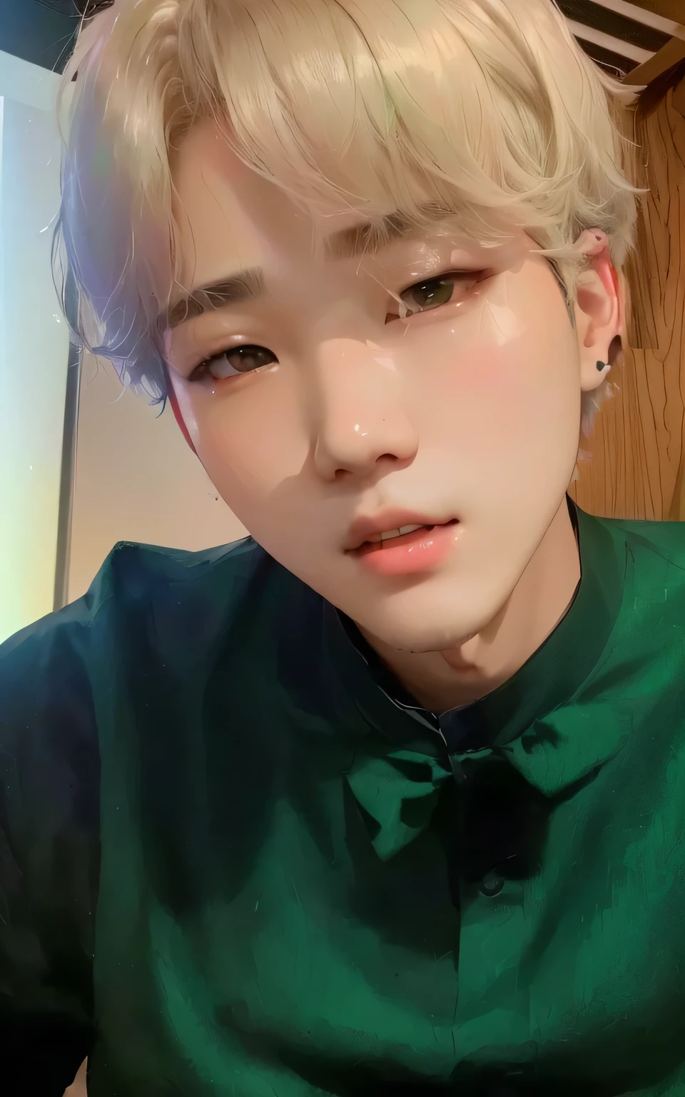 arafed photo of a boy in a green shirt and a black bow tie, jungkook, yoongi de pelo negro, hyung tae, Jimin, Jimin\his right eyelid is swollen, kim taejin, headshot foto de perfilture, inspirado en jeonseok lee, diez lee, BTS, park Jimin, cai xukun, jinyoung shin, foto de perfil, pale korean adorable face, BTS SUGA, SUGA BTS, YOONGI BTS, BTS YOONGI, angelic face, pretty face, angelic eyes