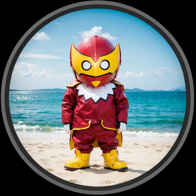 Superhero menggunakan baju dan helm berwarna merah dengan corak kuning dan putih, dengan mata berwarna putih