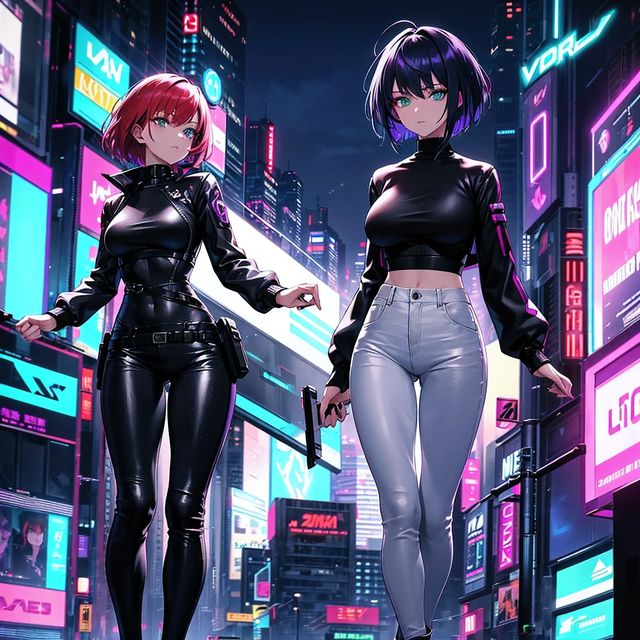 Futuristic, cyberpunk, neon lights, Mature redhead woman with green eyes, sexy, tight black sweater, white jacket, tight jeans, high quality, masterpiece, Another woman, short purple hair, gray eyes, tan skin, tight clothing