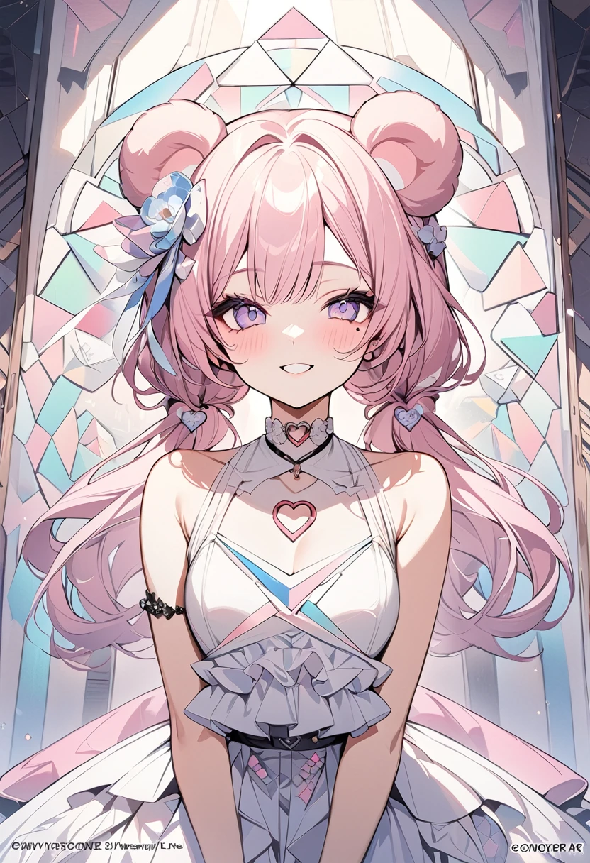 ,beautiful flower々),mole under eye, heart shaped choker, (masterpiece, highest quality), official art, beautiful and aesthetic: 1.2), (1 girl), very detailed, (geometry art: 1.3), colorful、pink bob hair、bear ears、 whole body、smile