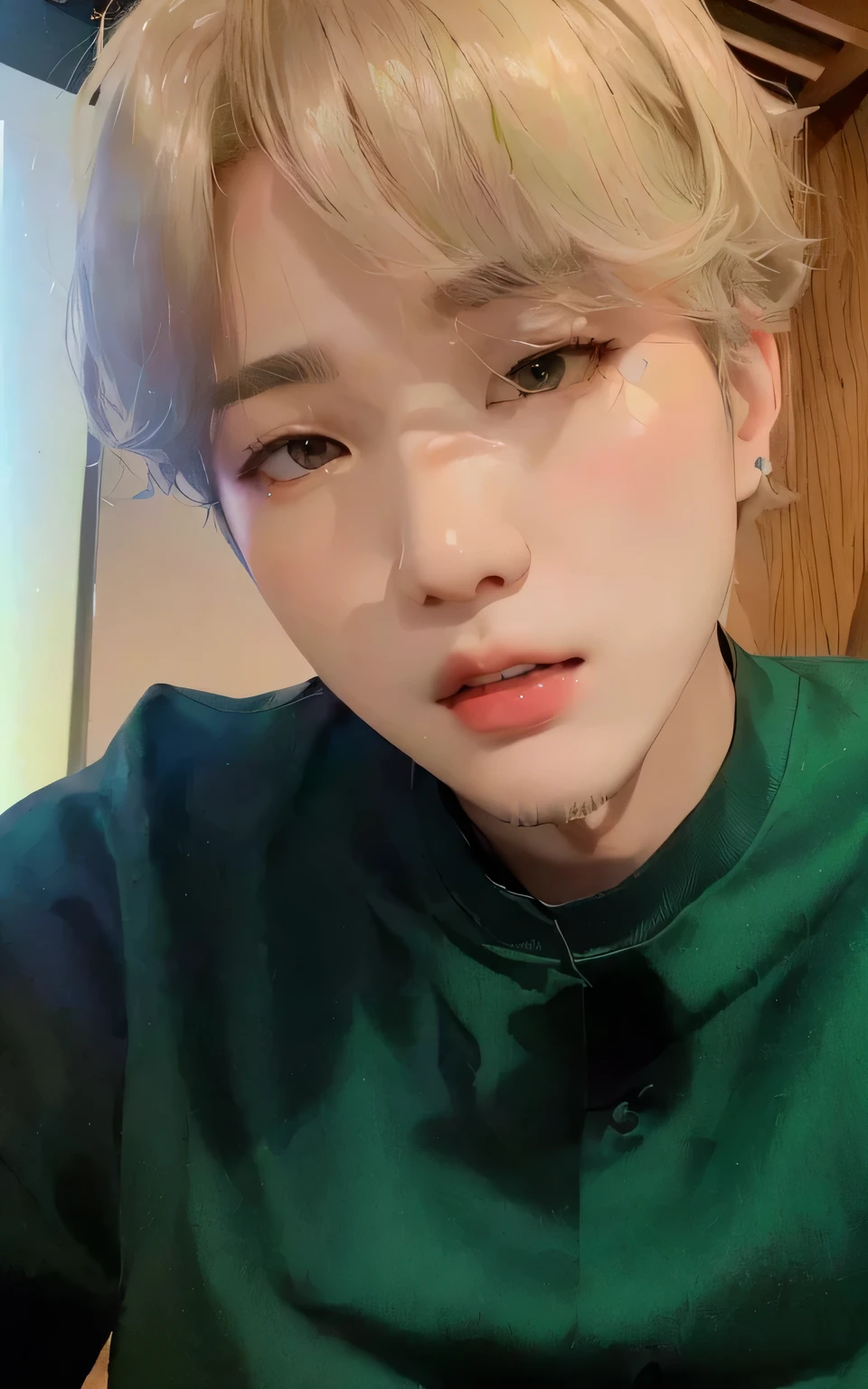arafed photo of a boy in a green shirt and a black bow tie, jungkook, yoongi de pelo negro, hyung tae, Jimin, Jimin\his right eyelid is swollen, kim taejin, headshot foto de perfilture, inspirado en jeonseok lee, diez lee, BTS, park Jimin, cai xukun, jinyoung shin, foto de perfil, pale korean adorable face, BTS SUGA, SUGA BTS, YOONGI BTS, BTS YOONGI, angelic face, pretty face, angelic eyes