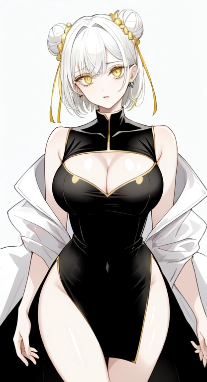 best quality, highres, masterpiece, monochrome, spot color, 1 girl, yellow eyes, white hair, short hair, hollow eyes, glowing eyes, etailed face, shiny skin, vibrant colors, intense lighting,chinese bun black short hair,bun cover,china dress, long dress,tight mini skirt, gold decoration dress, sleeveless, ultra detailed dress,cleavage, cleavage cutout, clothing cutout,