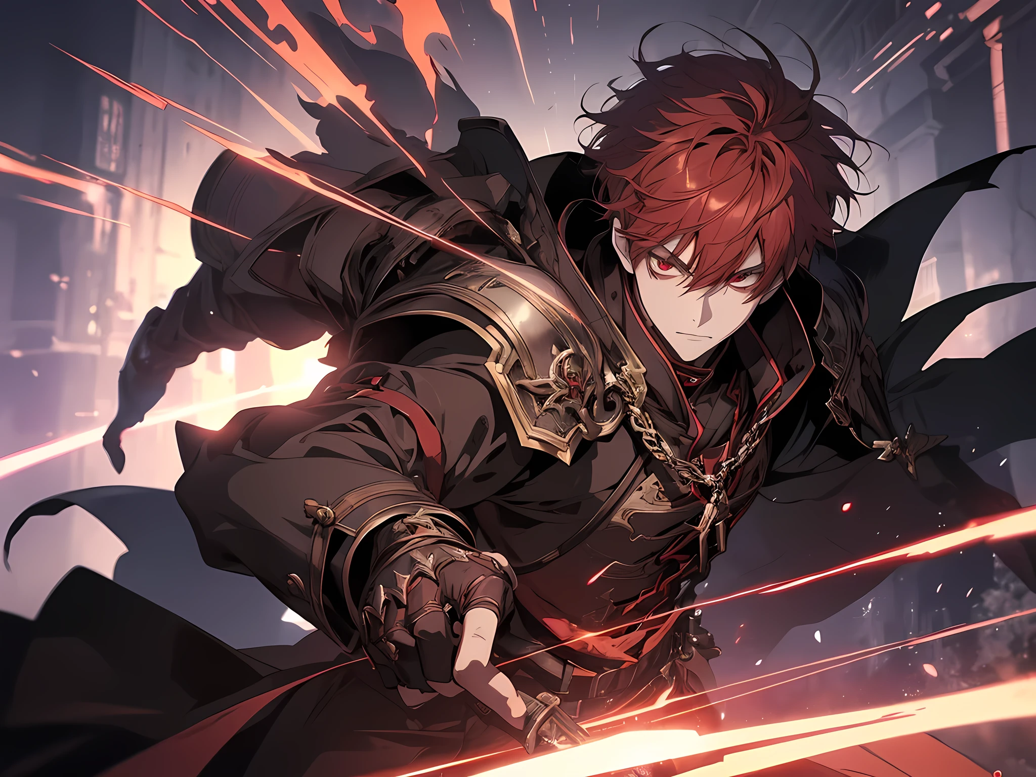 1 boy with a red light in his hand, young shadow wizard, epic anime style, detailed anime key art, shadowverse style, fantasy style anime, Demon, anime key art, red eyes, red hair, wear armored, detailed eyes, eyes extremely detailed, half-body:0.6