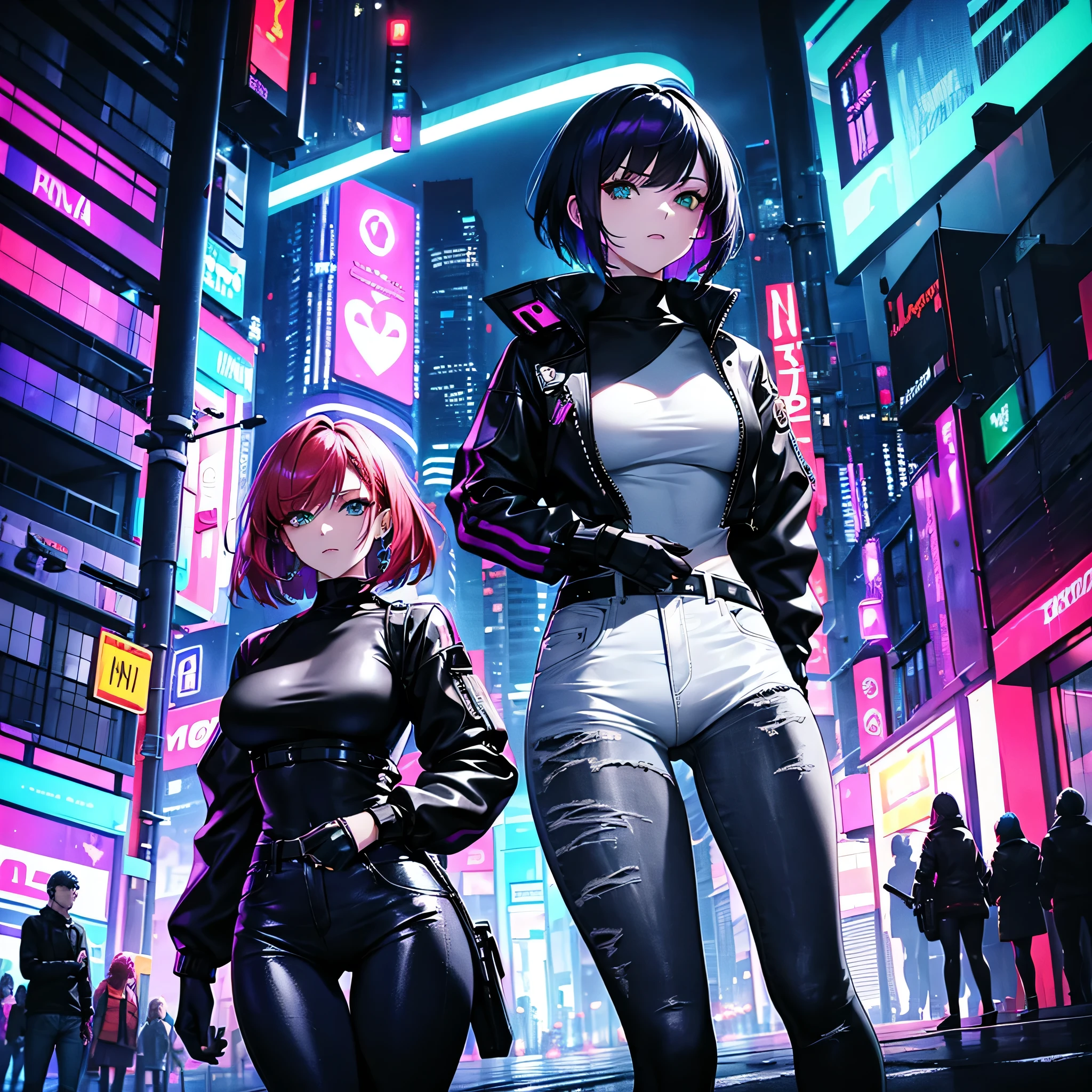Futuristic, cyberpunk, neon lights, Mature redhead woman with green eyes, sexy, tight black sweater, white jacket, tight jeans, high quality, masterpiece, Another woman, short purple hair, gray eyes, tan skin, tight clothing