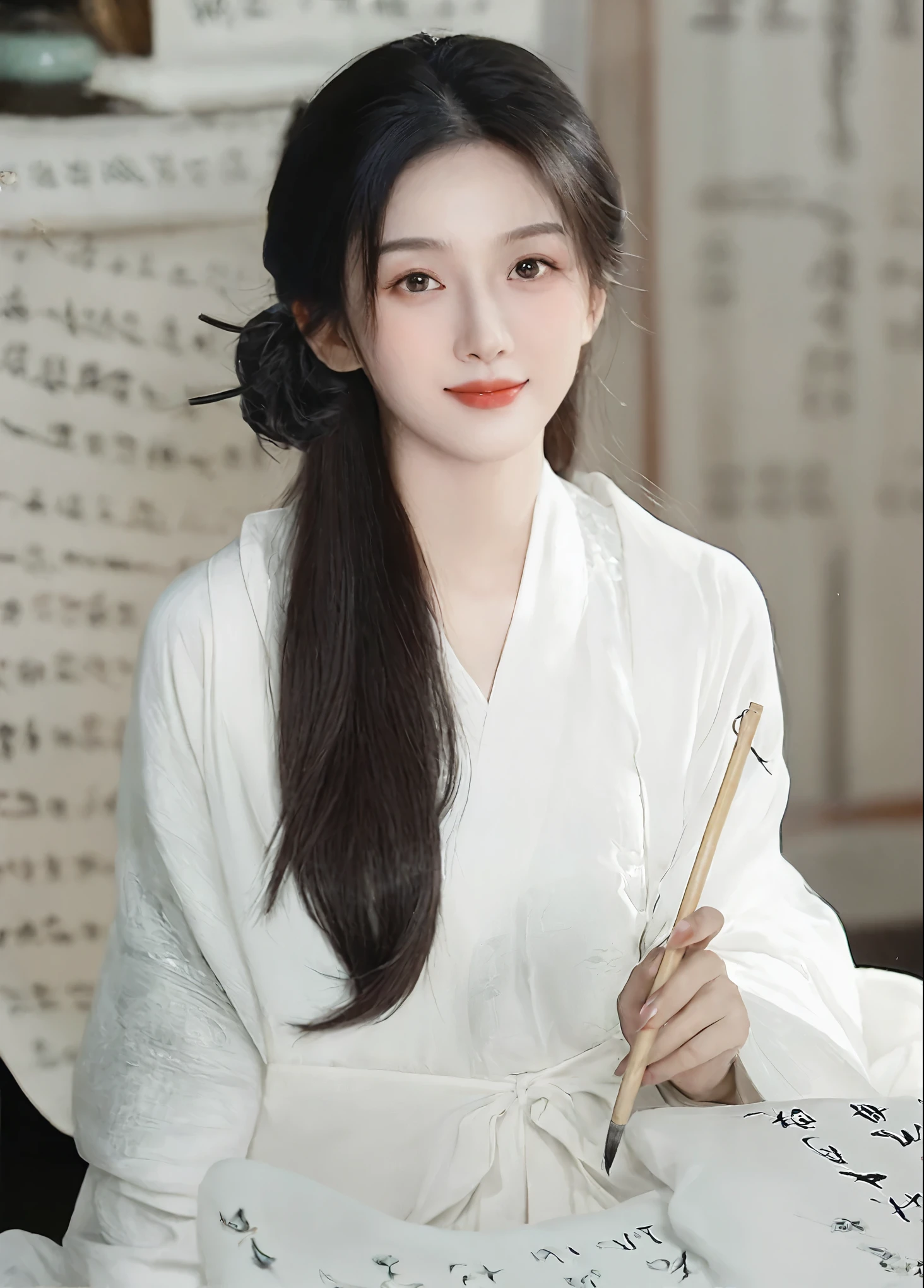 masterpiece, best quality, Girl wearing white Hanfu，Black Hair，Long flowing hair，Long and straight hair，pretty girl，A woman in white ancient costume is writing on paper with a brush, Girl wearing Hanfu, Hanfu，Wear Chinese clothes, Wear Chinese clothing, Chinese traditional clothing, Traditional Beauty, Chinese Girl