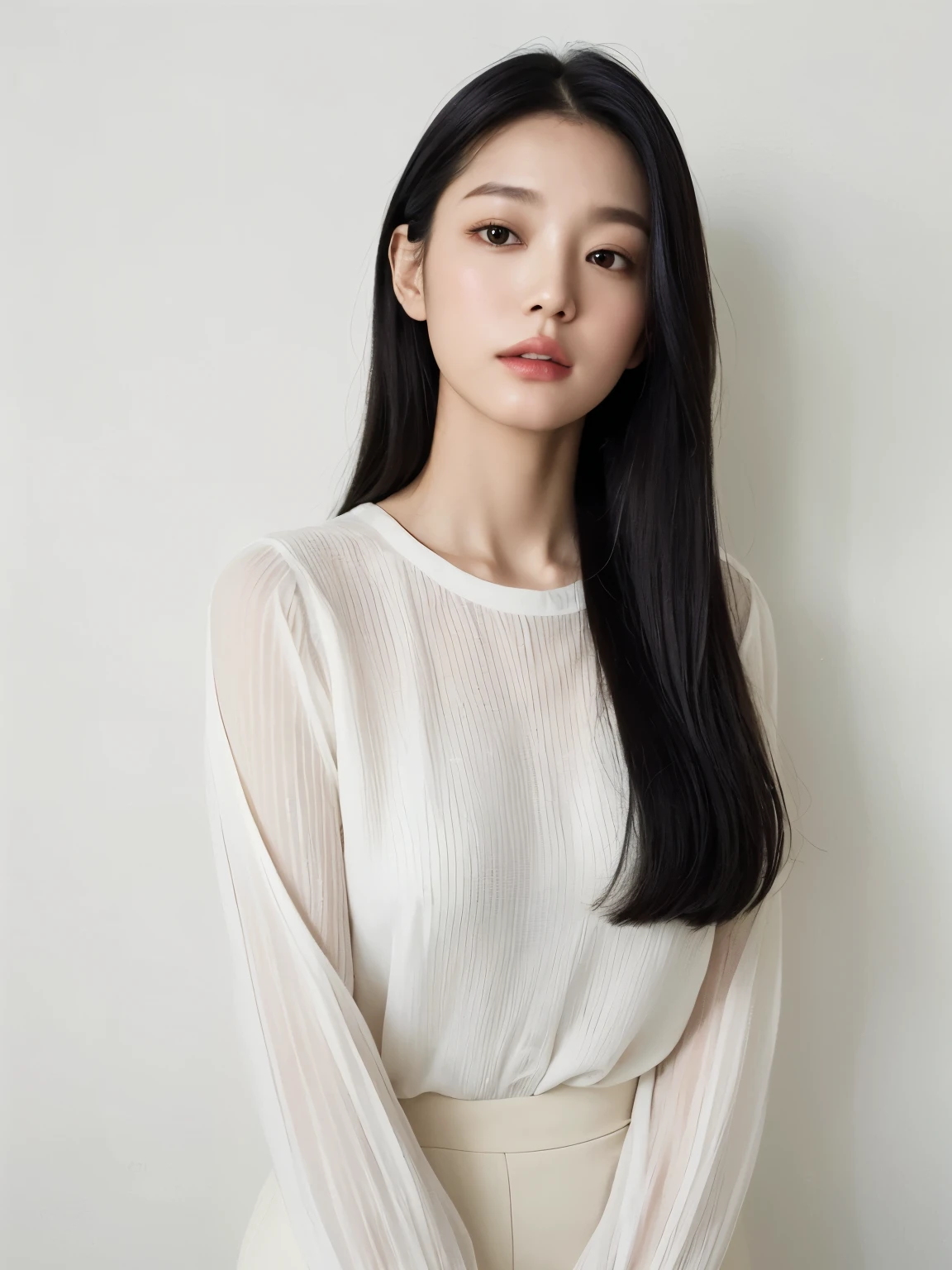 Long sleeve tops、Silky hair、(背景にWhite wall、Some of her hair is yellow:1.4)、White wall、In front of a white door、(窓のあるWhite wallの部屋)、((highest quality、8k、masterpiece:1.3))、Ultra-high resolution、(photoGenuineistic:1.4)、RAW Photos、Japanese,(Detailed aspect)、Genuine、Photographed in natural light、Highly detailed face and skin texture、Highly detailed lips、The correct state of the human body、Medium Hair、Black Hair、Various poses、Natural color lip、Shiny Hair、Don&#39;t look at the camera