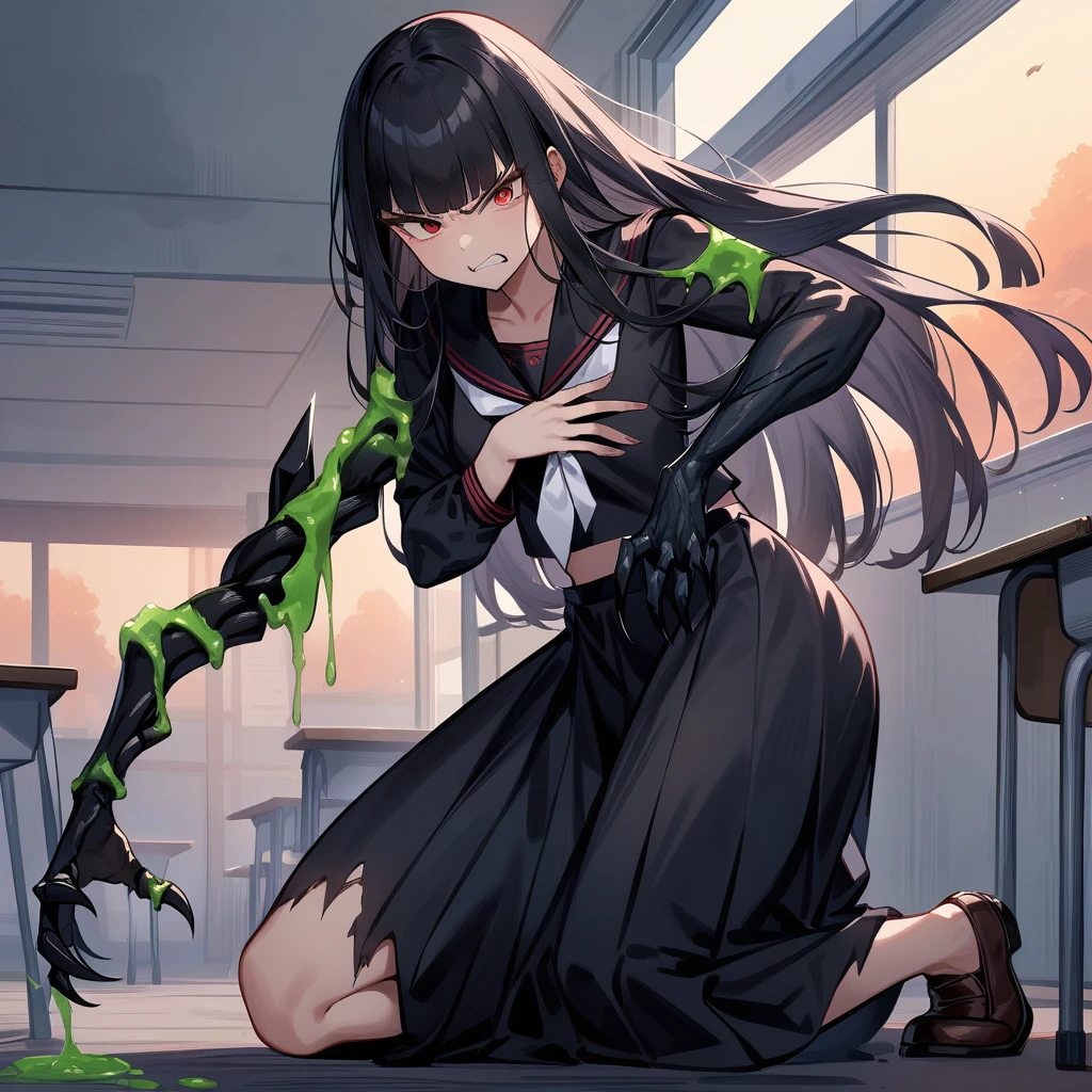 (masterpiece),(best quality),(ultra-detailed),(illustration),(atlach-nacha,degenerate),1girl,20yo,Statuesque,curvy,tall,long hair, black hair,straight hair,(blunt bangs),beautiful red eyes,glaring,clenching teeth,furious,Hate,injured,look down on with disdain,black serafuku in winter,long sleeves,(long skirt),white ribbon tie,torn clothes,Torn clothes stained with green liquid,painful,holding own chest with right arm,classroom,standing,on one knee,dusk sky,leather shoes,The setting sun is shining in the classroom,(black Claws with arms fused like spider arm),solo,looking at viewer