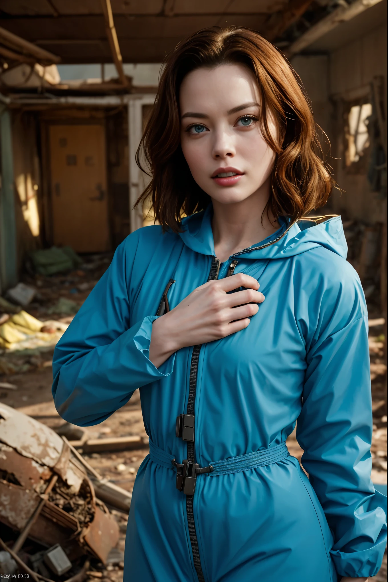 A fierce and beautiful woman, (Grace Kelly:Gillian Jacobs:0.5), long dark hair, (wearing a blue plunging bodycon Hazmat suit), armed, high detail face, high detail skin, seductive expression, perfect body, (perfect proportions), a nuclear wasteland background with scattered ruins, high quality, (masterpiece), (realistic photo), intricately detailed, 8k, HDR, shallow depth of field, wide light, high contrast, backlight, sharp focus, RAW color photo, looking at the camera, vivid colors, in the style of Fallout 4
