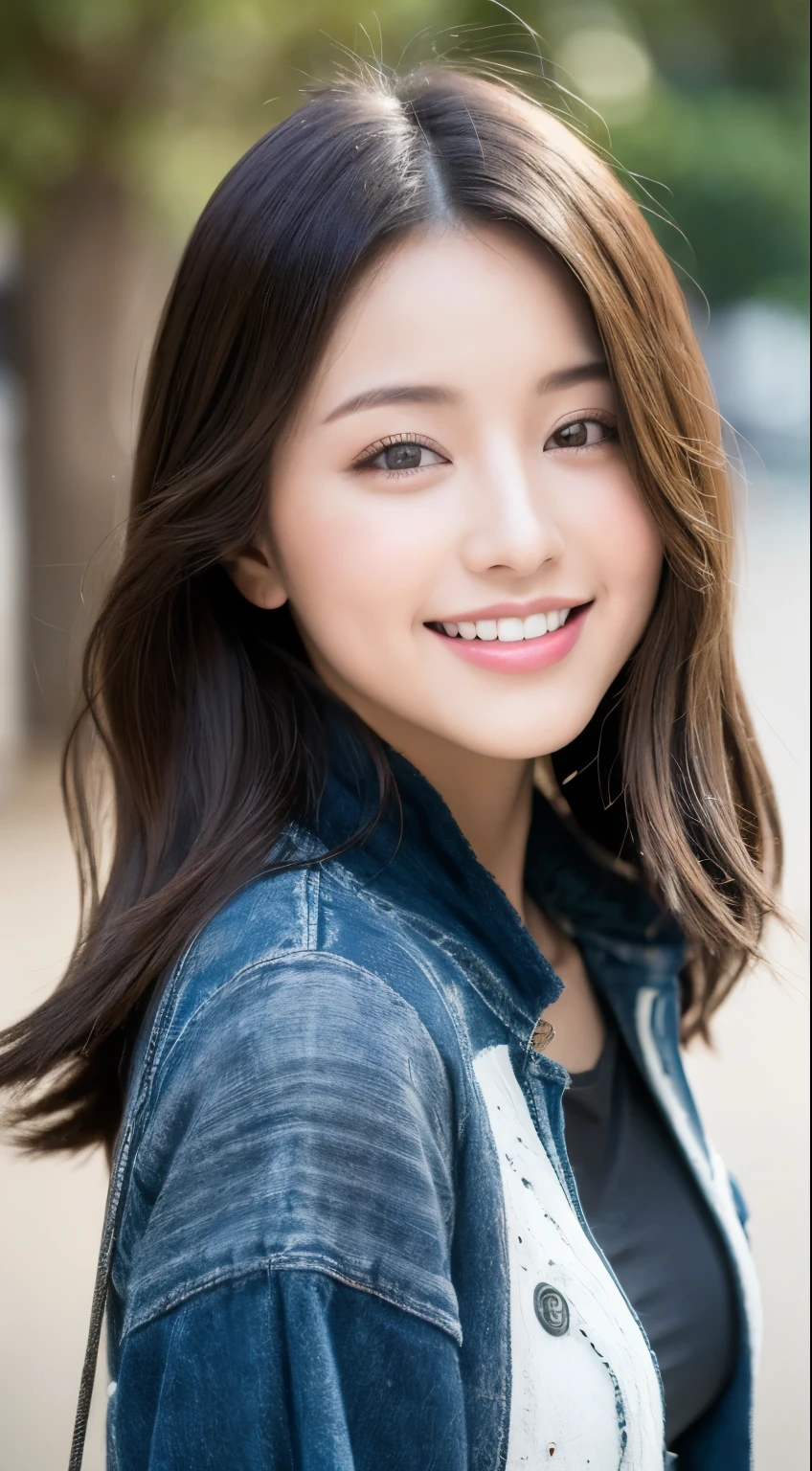 22 year old girl, con ojos grises, piel blanca palida, figura delgada, sonriendo, pelo color ?????, a la moda, foto tomada con camara profesional ultrarealista