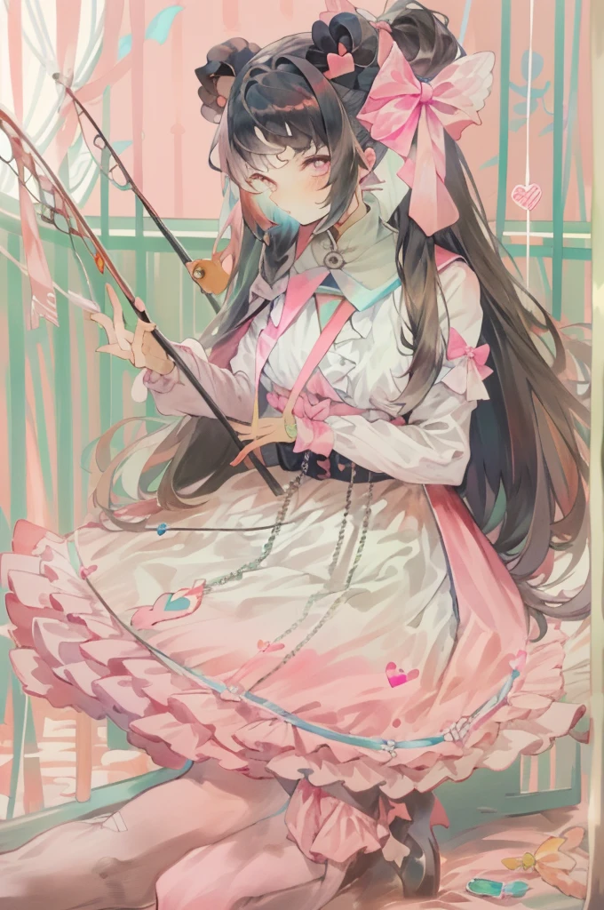 masterpiece, best quality, (Gillet_exist哪裡),1 Girl, Solitary, long_hair, Watching_exist_Viewer, shirt, Black_hair, long_sleeve, bow, ribbon, Double tail, sitting, monochrome, hair_bow, Heart, Pantyhose, decorate, food, shoe, Necklace, blunt_Bangs, Black_skirt, Pink_Eye, Stuffed_Toy, Pink_background, Stuffed_animal, Frilly_skirt, Pink_bow, (fishing nets), candy, bandage, Pink_shirt, 泰迪Bear_Bear, lollipop, (fishing net_Pantyhose), plexistform_shoe类, Pink_theme, Circle, Heart-shaped pupils,
