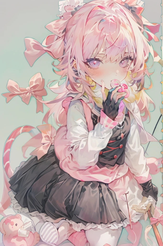 masterpiece, best quality, (Gillet_exist哪裡),1 Girl, Solitary, long_hair, Watching_exist_Viewer, shirt, Black_hair, long_sleeve, bow, ribbon, Double tail, sitting, monochrome, hair_bow, Heart, Pantyhose, decorate, food, shoe, Necklace, blunt_Bangs, Black_skirt, Pink_Eye, Stuffed_Toy, Pink_background, Stuffed_animal, Frilly_skirt, Pink_bow, (fishing nets), candy, bandage, Pink_shirt, 泰迪Bear_Bear, lollipop, (fishing net_Pantyhose), plexistform_shoe类, Pink_theme, Circle, Heart-shaped pupils,