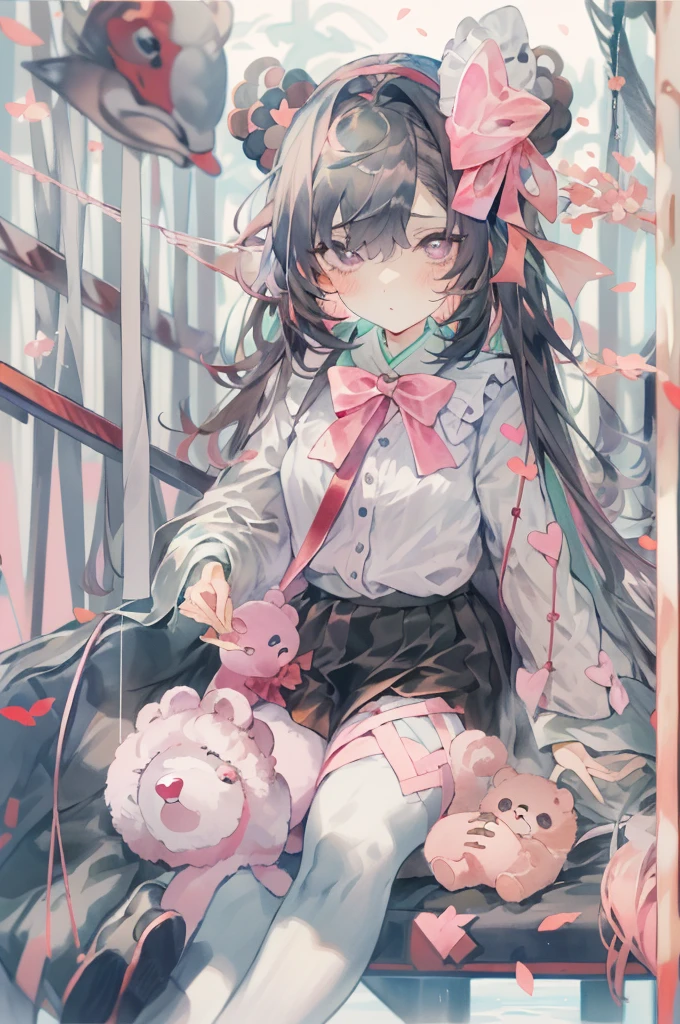 masterpiece, best quality, (Gillet_exist哪裡),1 Girl, Solitary, long_hair, Watching_exist_Viewer, shirt, Black_hair, long_sleeve, bow, ribbon, Double tail, sitting, monochrome, hair_bow, Heart, Pantyhose, decorate, food, shoe, Necklace, blunt_Bangs, Black_skirt, Pink_Eye, Stuffed_Toy, Pink_background, Stuffed_animal, Frilly_skirt, Pink_bow, (fishing nets), candy, bandage, Pink_shirt, 泰迪Bear_Bear, lollipop, (fishing net_Pantyhose), plexistform_shoe类, Pink_theme, Circle, Heart-shaped pupils,
