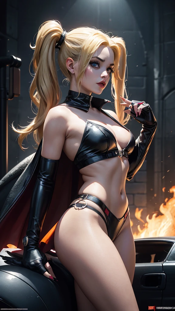 Harley Quinn injustice version 2, mujer sexy,iconic dc comics costume, desnuda,small, joven, cuerpo muy delgado, super skynny body, small and beautiful buttocks, abdomen tonificado, puedo ver sus senos grandes y perfectos, escote, guantes, pose sexy, malevolent, obscena, poderosa, super sensual, She is standing on the Batmobile that is on fire, Dramatic background, en el fondo eata Arkham Asylum en llamas, apocalyptic atmosphere, joker, mirada sensual, ojos azules y hermosos, classic two pigtails hairstyle,Hair dyed in bright blonde color, Best quality,4K,8K,A high resolution,Masterpiece,Ultra detailed,Realistic, Photorealistic,photo realistic