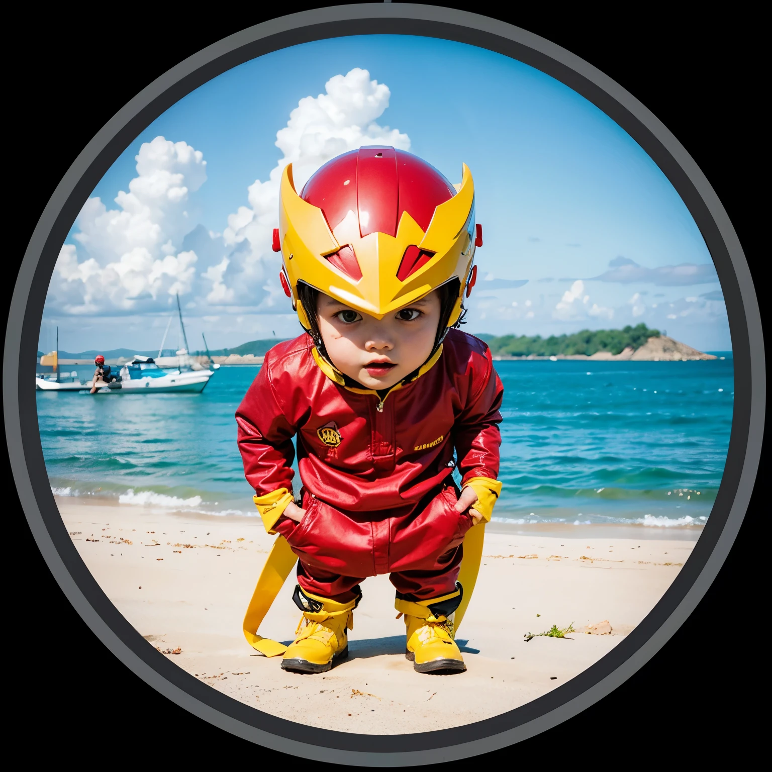 Superhero menggunakan baju dan helm berwarna merah dengan Aksen kuning dan putih, mulutnya tersenyum kecil