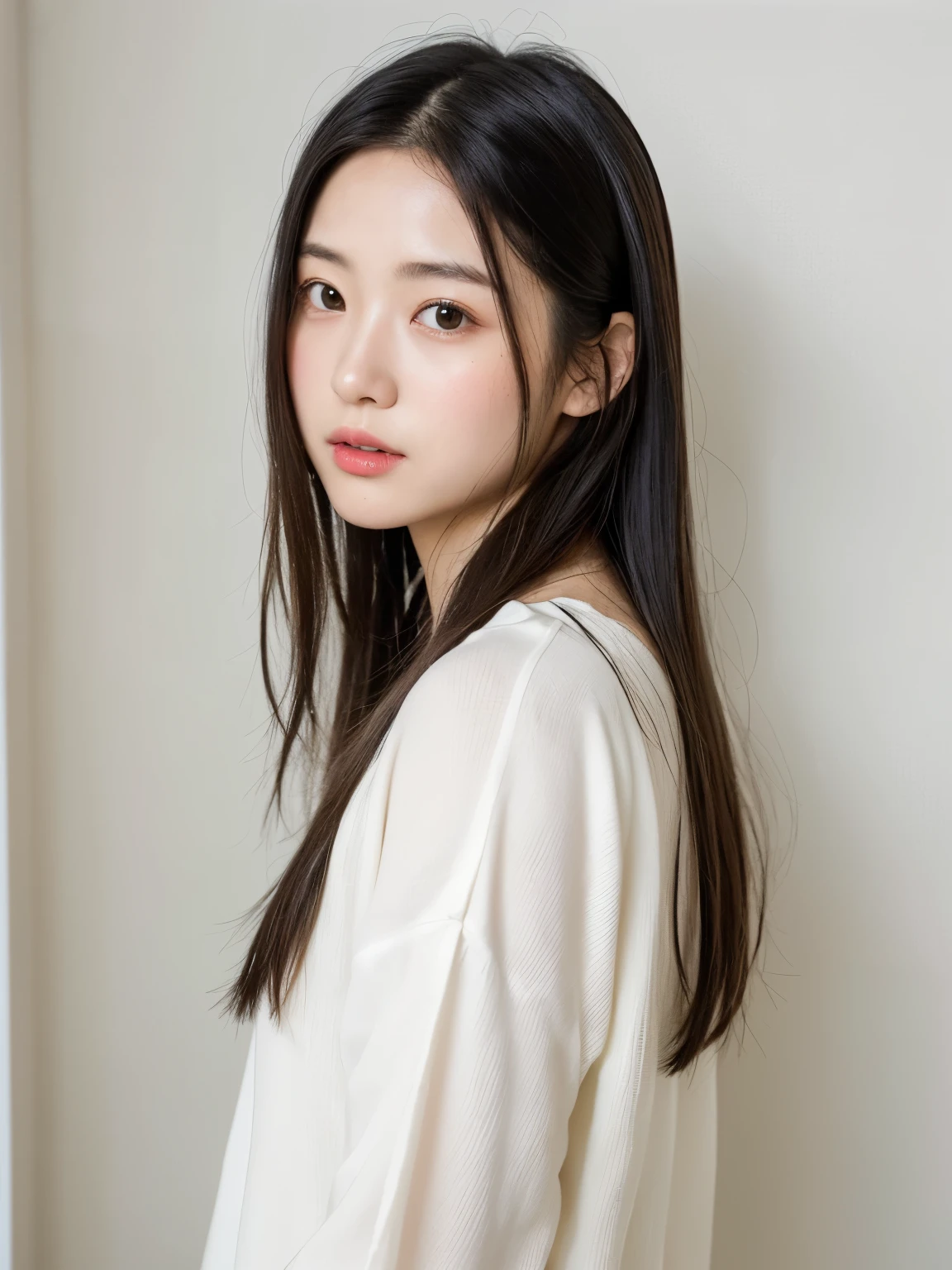 Long sleeve tops、Silky hair、30-year-old female(背景にWhite wall、Some of her hair is yellow:1.4)、White wall、In front of a white door、(窓のあるWhite wallの部屋)、((highest quality、8k、masterpiece:1.3))、Ultra-high resolution、(photoGenuineistic:1.4)、RAW Photos、Japanese,(Detailed aspect)、Genuine、Photographed in natural light、Highly detailed face and skin texture、Highly detailed lips、The correct state of the human body、Medium Hair、Black Hair、Various poses、Natural color lip、Shiny Hair、Don&#39;t look at the camera