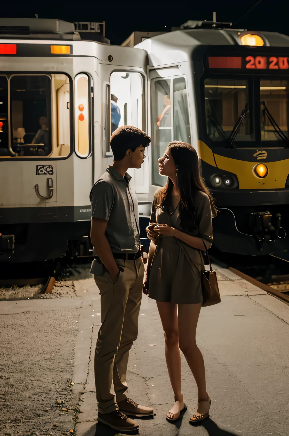 A boy and a girl are depicted sitting together near the open door of a moving train at night. The soft glow of the moon illuminates their faces as they gaze out into the night sky, captivated by the beauty of the moon. The scene exudes a sense of serenity and adventure, with the rhythmic motion of the train adding to the ambiance of the moment.