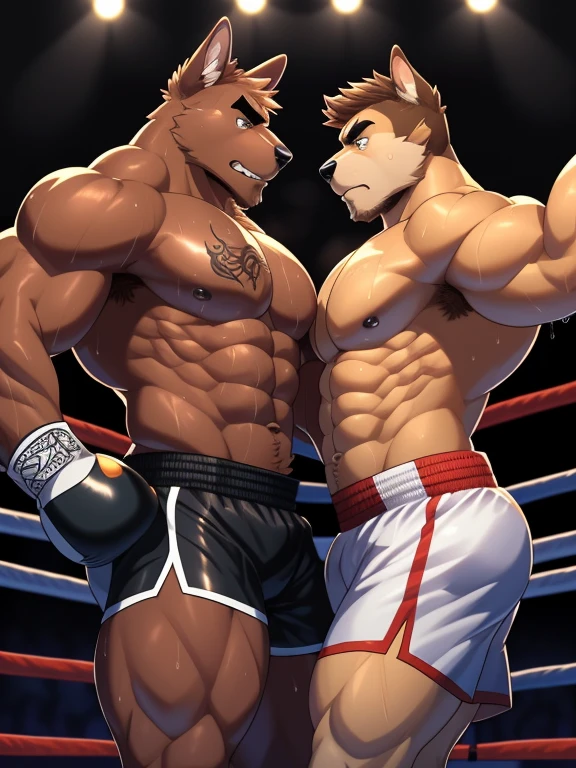 Duo male fighters(Brown Dog vs Brown Dog, handsomes, perfect eyes, Thick eyebrows), beso gay(They are face to face, body frottage, side to side, in a boxing match), hot(Shirtless), handsomes(They are handsomes, correct anatomy), musculosos(Big muscle bodies, Six packs, muscle abs, big pecs, muscle legs, muscle backs), sweaty(very sweaty wet bodies, shiny sweat), tatuajes(they have tattoos), Angry(They have an angry expression), Boxing gloves(They both are wearing boxing gloves), Shorts(They are wearing black boxing shorts), Hight resolution