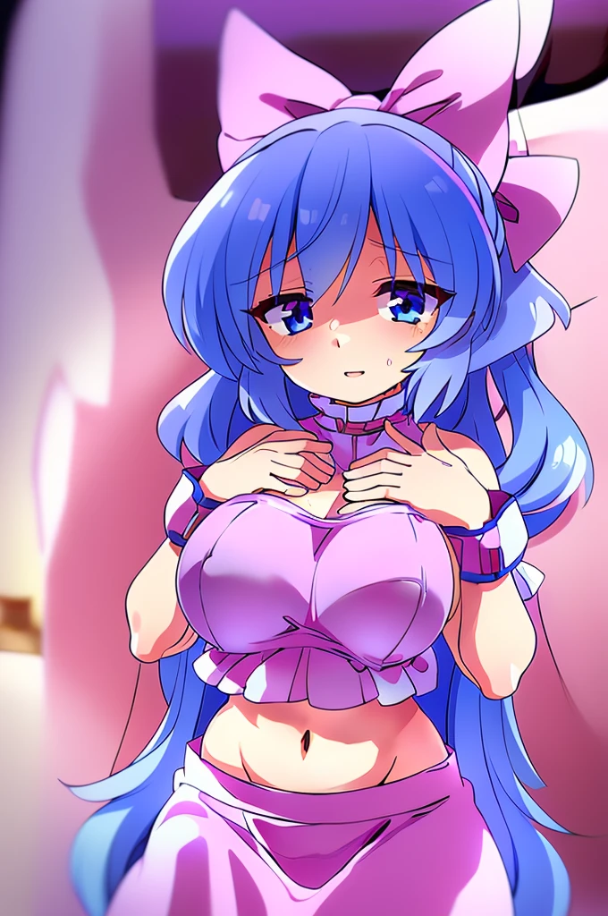 (masterpiece, best quality), best quality, (ultra-detailed), (3heads:1.5), 1girl, (mai:1.3), masterpiece, best quality, ultra quality, ultra resolution, ultra detail, light pink top, crop top, ((stomach)), midriff, ((groin)), light pink skirt, normal ears, shackles, blue hair, very long hair, wavy hair, pigtails, light-blue eyes, parted lips, detailed eyes, sweat, cute, toned belly, hand on own chest, eyelashes, (24 year old woman:1.3), (masterpiece:1.5), (best quality:1.5), (beautiful detailed), extremely detailed CG, extremely delicate and beautiful, depth of field, (finely detailed face), (perfect details:1.2), (mature female:1.3), wide pelvis, slender, large veiny breast, 16k resolution, highres, very high quality, very high definition, extremely detailed, masterpiece, blue hair, long hair, alluring presence, braid, short skirt, close up, big tits, young, light pink bow in her hair, small light pink wings, (girl with three heads),