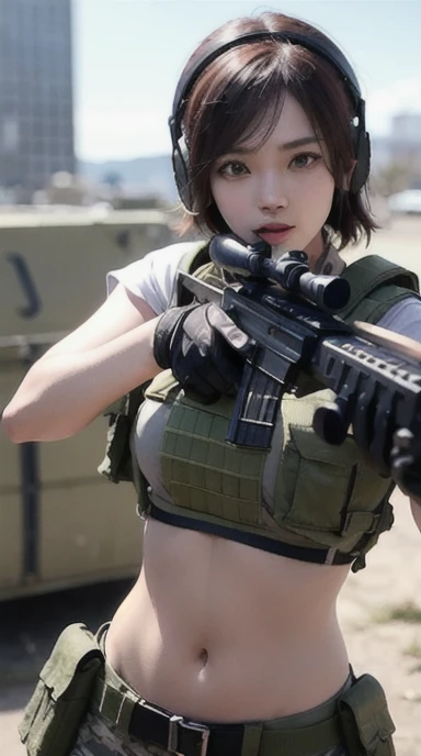 a woman in a white outfit holding a rifle and wearing headphones, 24-year-old woman, Filipino woman, tan bronze skin, soldier girl, mechanized soldier girl, military girl, beautiful female soldier, female lead character, infantry girl, of a sniper girl in war, solo female character, future combat gear, close up half body shot, Women in crop top military bulletproof vest, ((showing navel)), exposed abdomen area, quiet from metal gear solid v, wearing tactical gear, dressed in tactical armor, (((aiming rifle)))