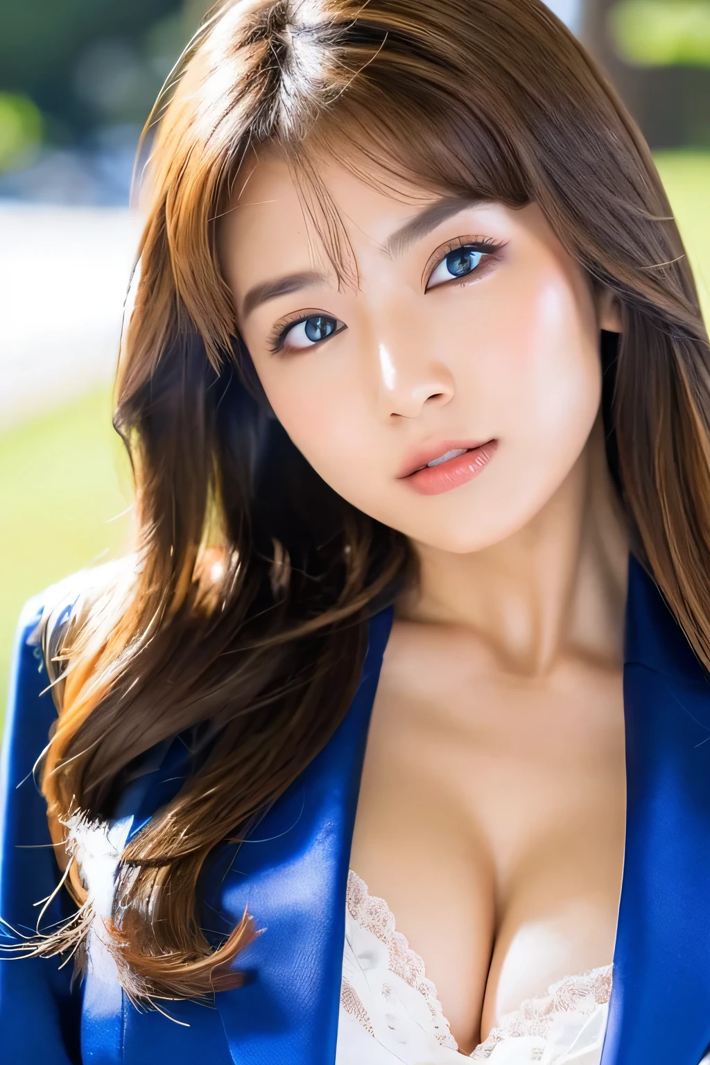 (masterpiece), 最high quality, Expressive eyes, Perfect Face,Cleavage,Cute face,Beautiful Face,double eyelid,Supermodel,Sexy pose、Jacket、Perfect Anatomy、Beautiful and mysterious,high quality,Realistic,Japan,Beautiful woman,gravure,fashionable 、Sunlight、outside、Professional、