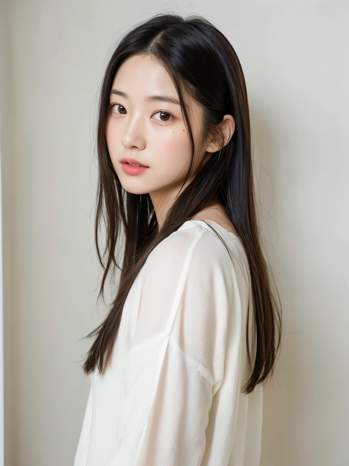 Long sleeve tops、Silky hair、30-year-old female(背景にWhite wall、Some of her hair is yellow:1.4)、White wall、In front of a white door、(窓のあるWhite wallの部屋)、((highest quality、8k、masterpiece:1.3))、Ultra-high resolution、(photoGenuineistic:1.4)、RAW Photos、Japanese,(Detailed aspect)、Genuine、Photographed in natural light、Highly detailed face and skin texture、Highly detailed lips、The correct state of the human body、Medium Hair、Black Hair、Various poses、Natural color lip、Shiny Hair、Don&#39;t look at the camera