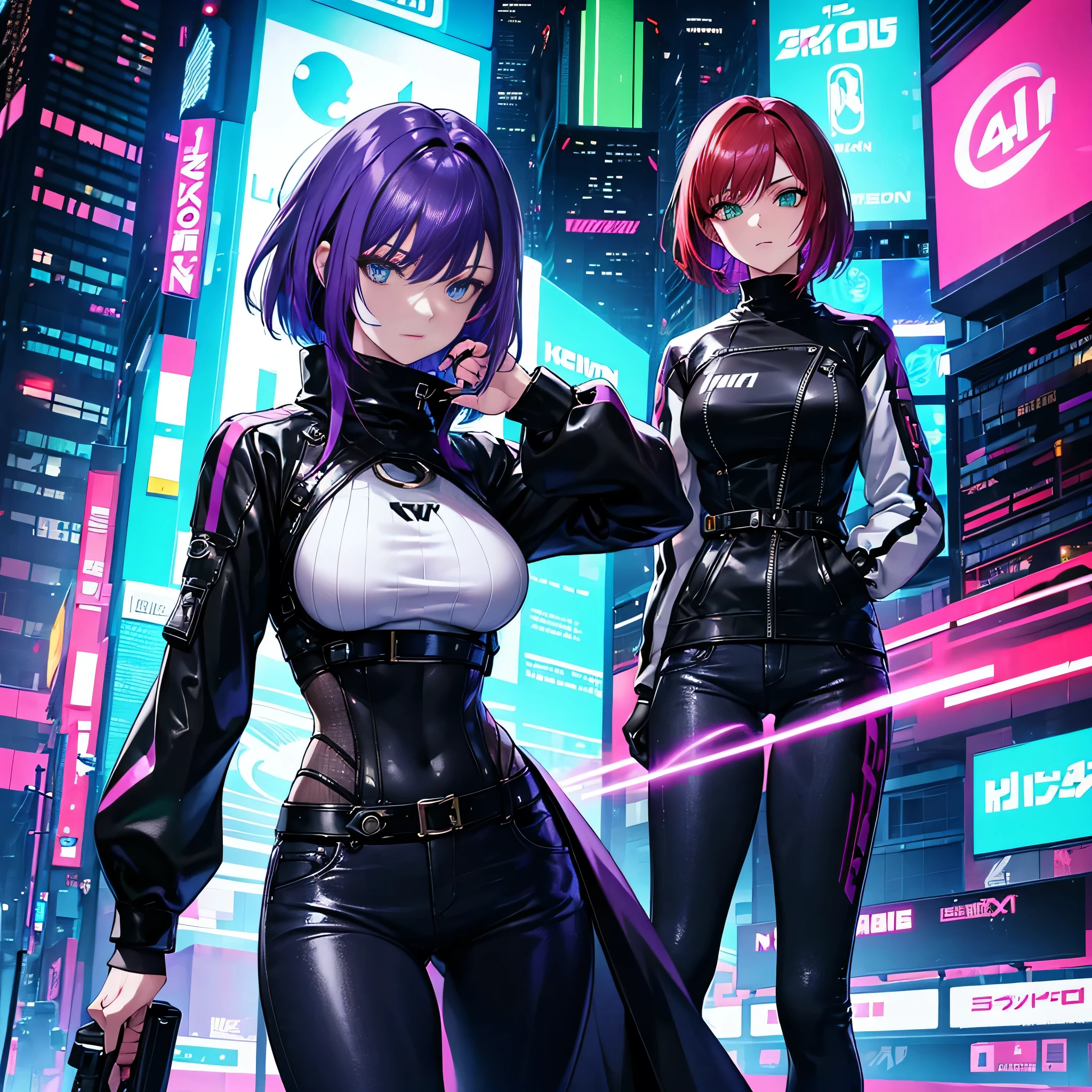 Futuristic, cyberpunk, neon lights, Mature, long redhead woman with green eyes, sexy, tight black sweater, white jacket, tight jeans, high quality, masterpiece. Another woman, short purple hair, gray eyes, tan skin, tight clothing