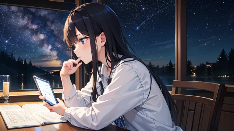 night、Starry Sky、Studying in one's room while drinking coffee、Japanese anime style