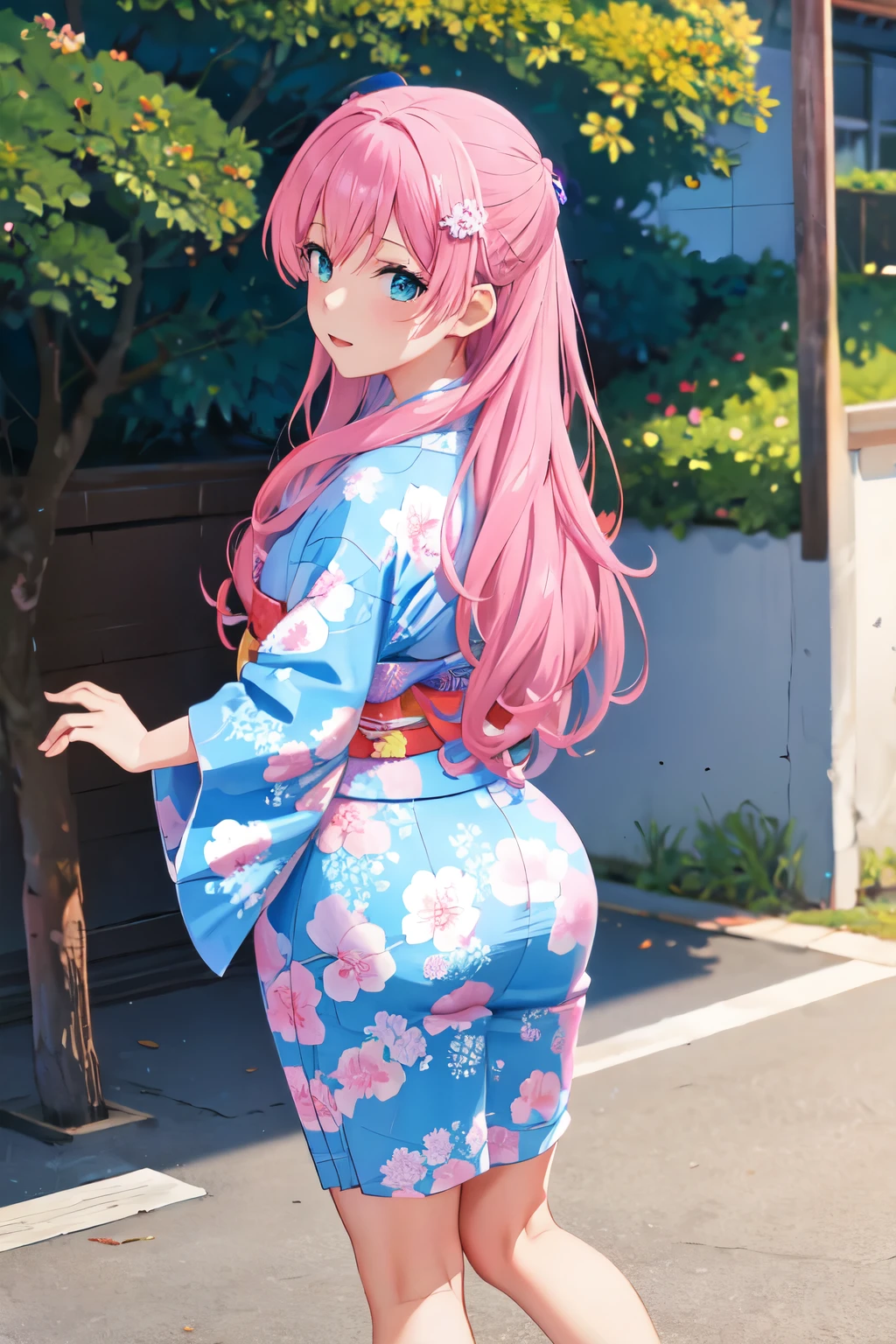 akari watanabe, long hair, solo, PERFECT ANATOMY,  pink hair, blue eyes, looking at viewer, round ass, thicc thighs,  1girl , tight full body yukata