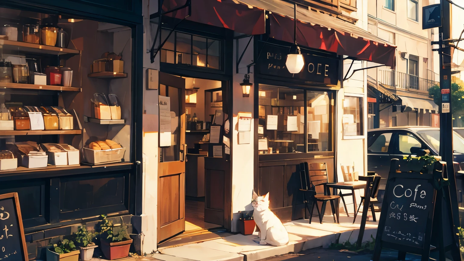 White cat and coffee shop