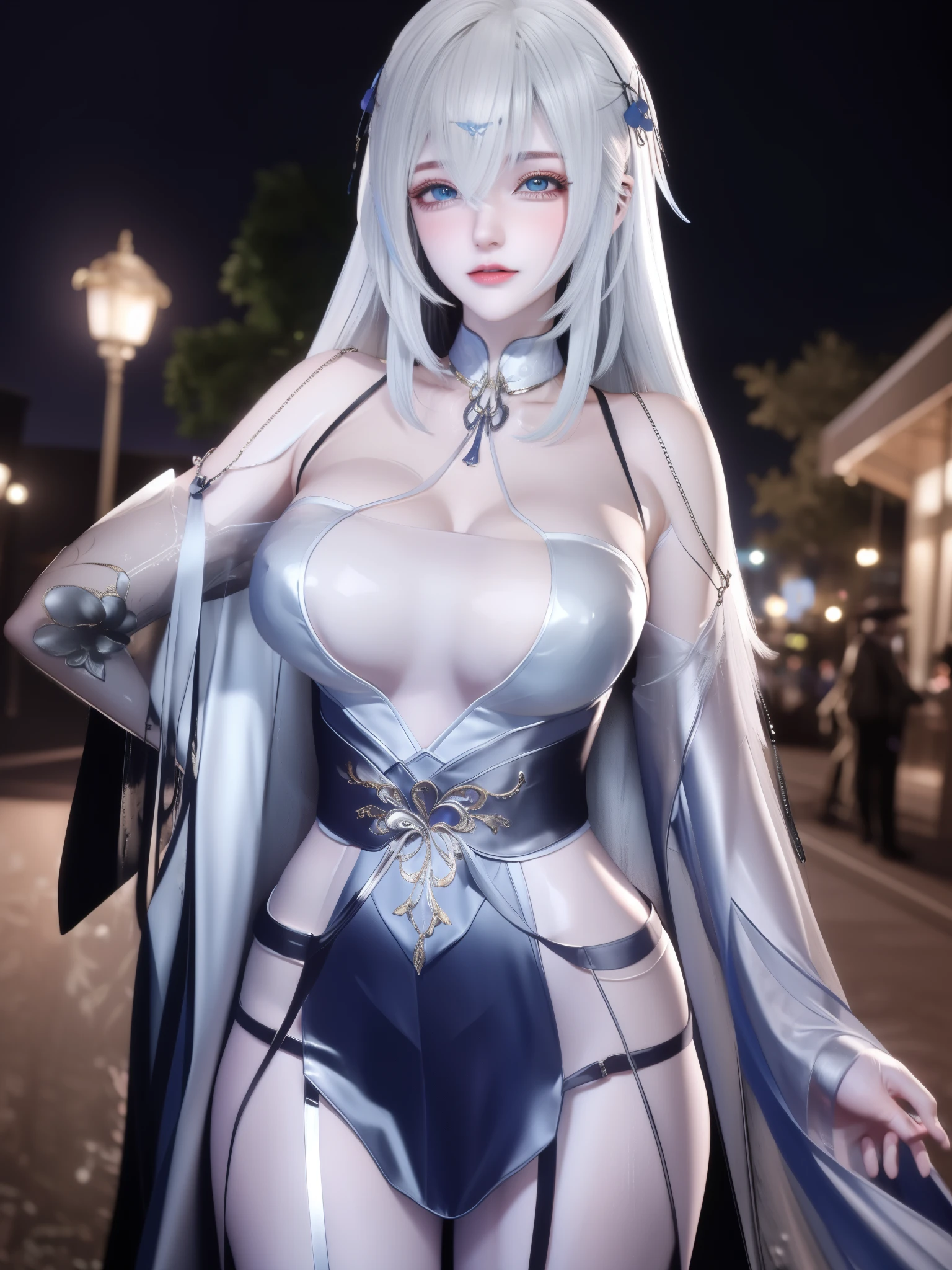 1girl,cityscape, night, looking at viewer, mature female, ishierDDDi,cowboy shot, white hair,
