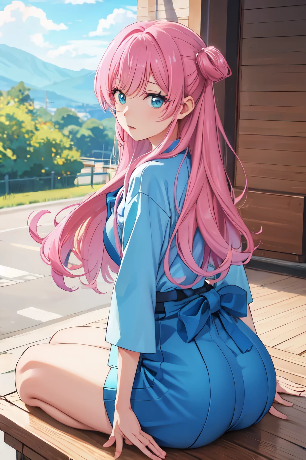 akari watanabe, long hair, solo, PERFECT ANATOMY,  pink hair, blue eyes, looking at viewer, round ass, thicc thighs, 1girl, sitting, tight hakama