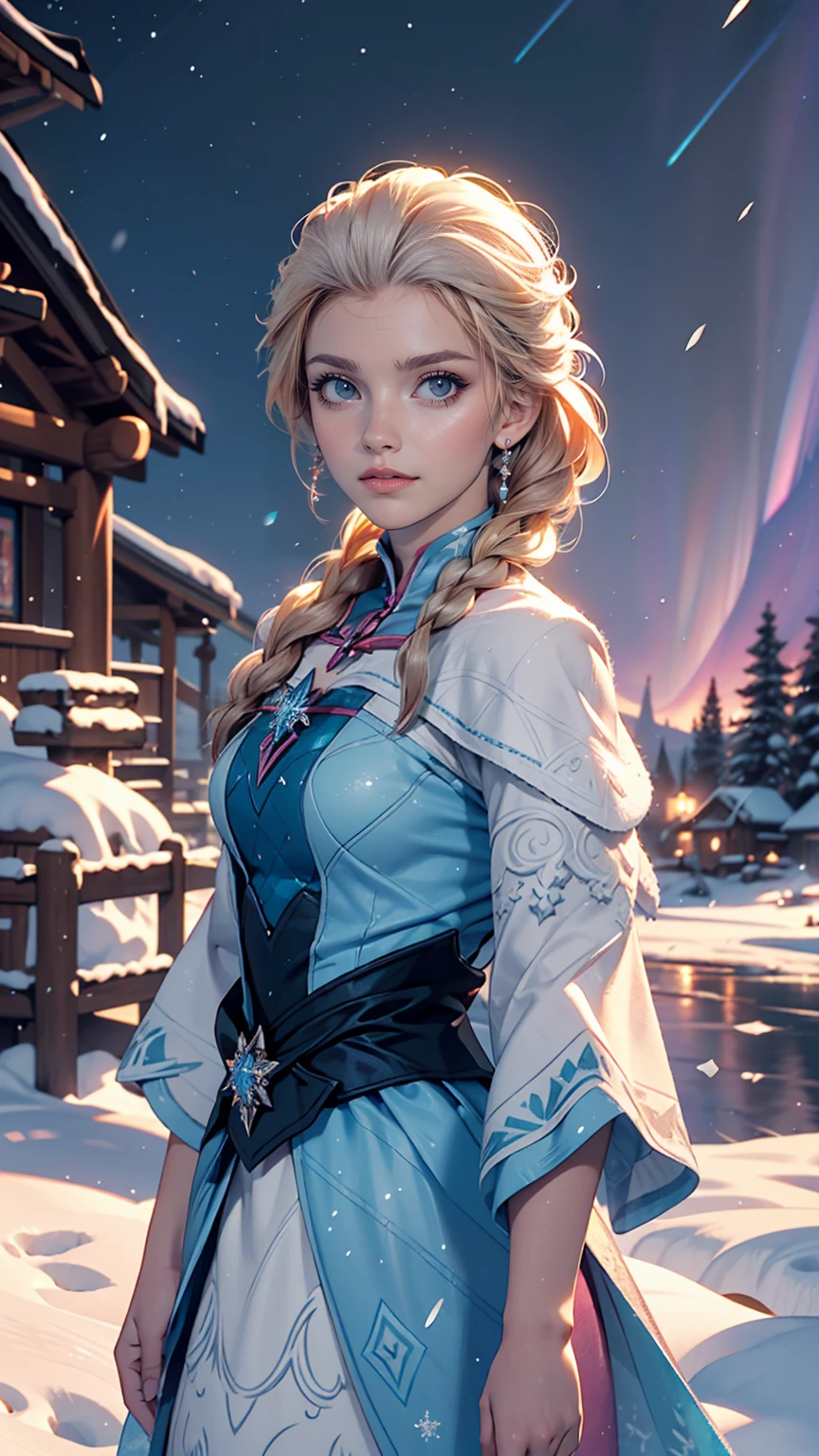Disney「Frozen」Elsa of、Pink aurora in the white snow, Snow Mountain,river,Snowstorm,Twinkling colorful stars, Unreal Engine, 8K High resolution, High resolution. --9 in:16