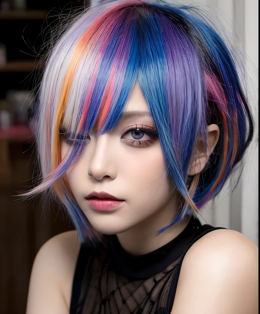 bce, 1girl, rainbow hair, short hair, black eyes, 