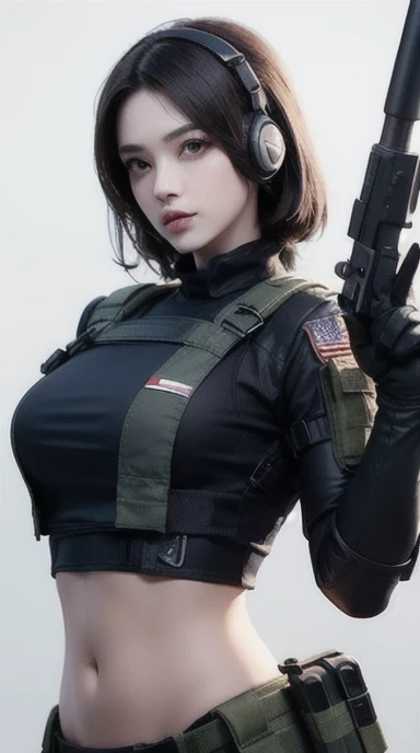 a woman in a white outfit holding a rifle and wearing headphones, 24-year-old woman, Filipino woman, tan bronze skin, soldier girl, mechanized soldier girl, military girl, beautiful female soldier, female lead character, infantry girl, of a sniper girl in war, solo female character, future combat gear, close up half body shot, Women in crop top military bulletproof vest, ((showing navel)), exposed abdomen area, quiet from metal gear solid v, wearing tactical gear, dressed in tactical armor,