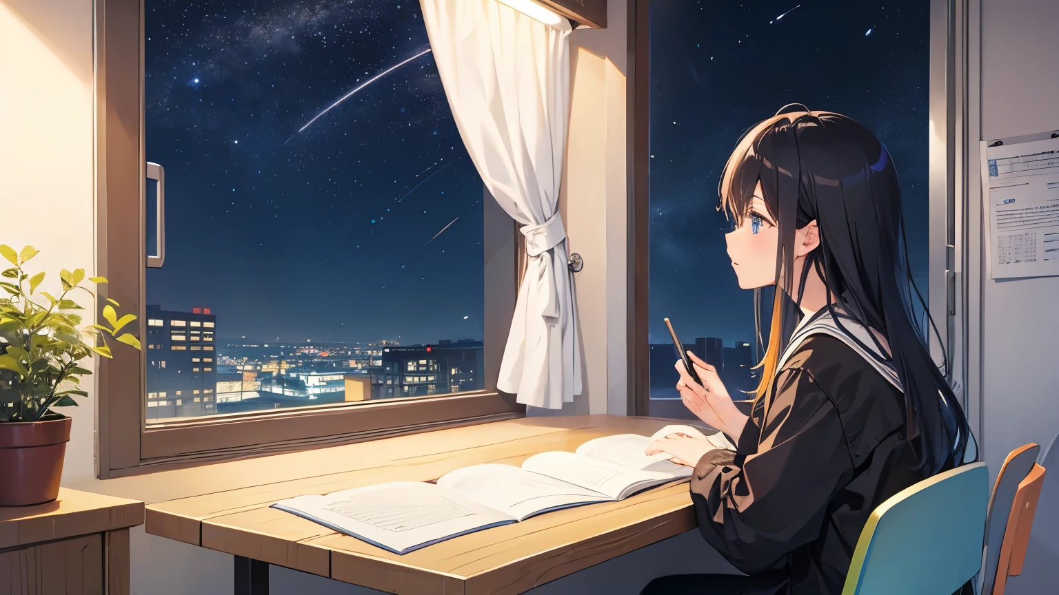 night、Starry Sky、Studying in one's room while drinking coffee、Japanese anime style