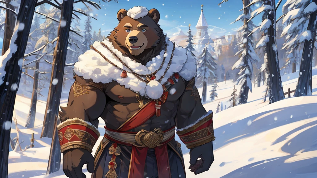 Russian style,Bear Man,Fluffy,Happy,Detailed character details,snow