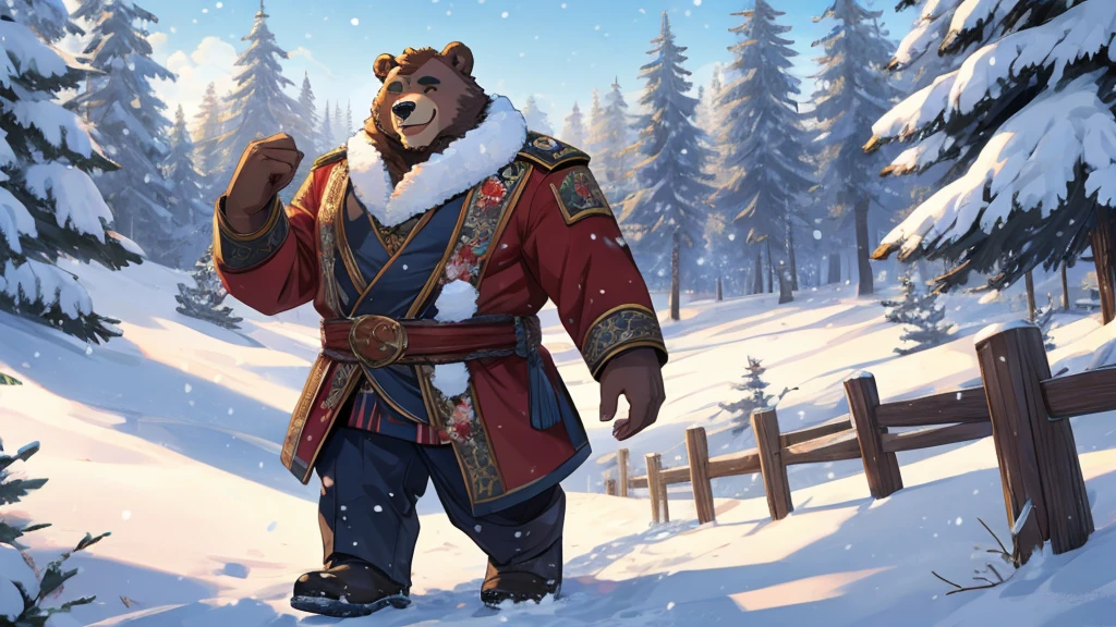 Russian style,Bear Man,Fluffy,Happy,Detailed character details,snow