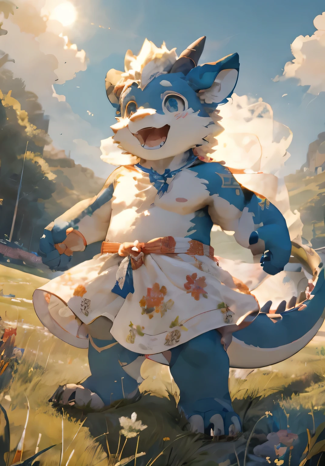(masterpiece)，(Very detailed)，(best quality)，hairy，dragon，White fur，white hair，Black pupil，（child），（Naked upper body），((Happy expression))，Room Background，8k，(high quality)，(Ultra HD)，(Ultra Detailed)，Perfect sunshine，（Standing on the grass），Bare chest，（Young child），Dress cutely，Top view，Jumping