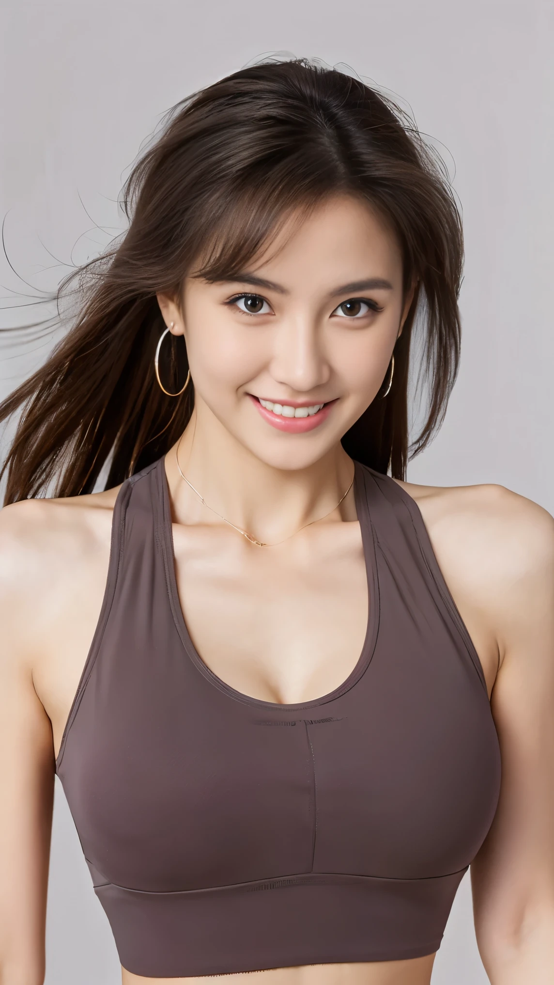 (masterpiece, highest quality, Realistic, Very detailed, In detail, Ultra-high resolution, 8k wallpaper), Beautiful woman close-up, Female college student，sports gym，Yoga Classes，Yoga Teacher，Yoga Costumes，Play sports often，spats，ponytail，Earrings, necklace, Laugh happily, Light brown messy long hair, Sharp focus, Large Breasts(1.7)，G-Cup，Perfect dynamic composition, Beautiful big eyes, Detailed Hair, Detailed and realistic skin texture, Professional photography, ,xx mix_girl